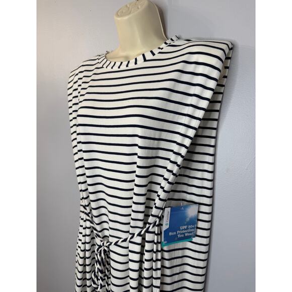 Coolibar Coral Way Sleeveless Midi Dress White/Navy Stripe Beach Vacation Sz L - Picture 8 of 15